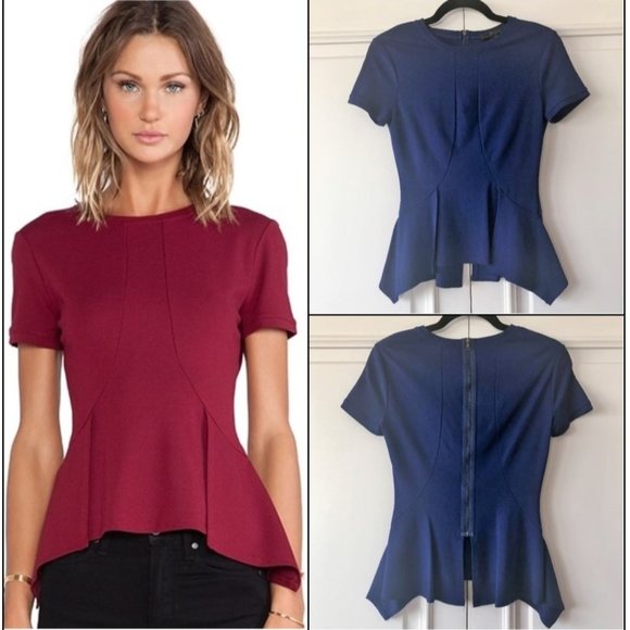 BCBGMaxAzria Deep Royal Blue "Scarlet" Back-Zip Peplum Short Sleeve Top - XXS - Picture 1 of 16